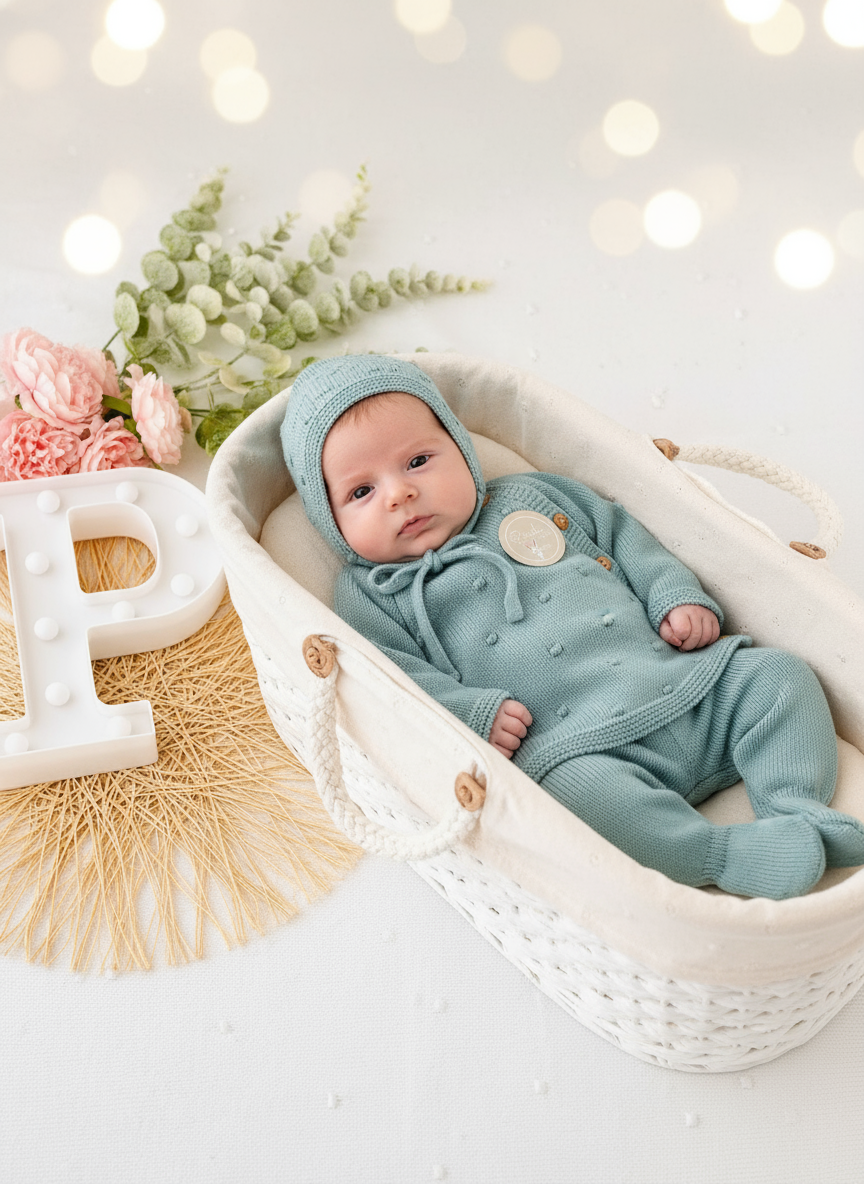 Conjunto unissexo pintinhas: camisola, calças e touca Outono/Inverno