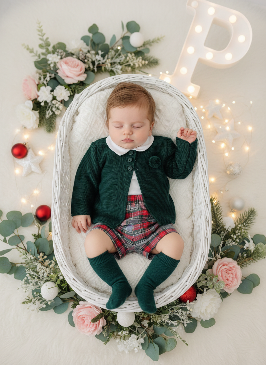 Conjunto menino xadrez cinzento e verde: Calções com alças e camisa