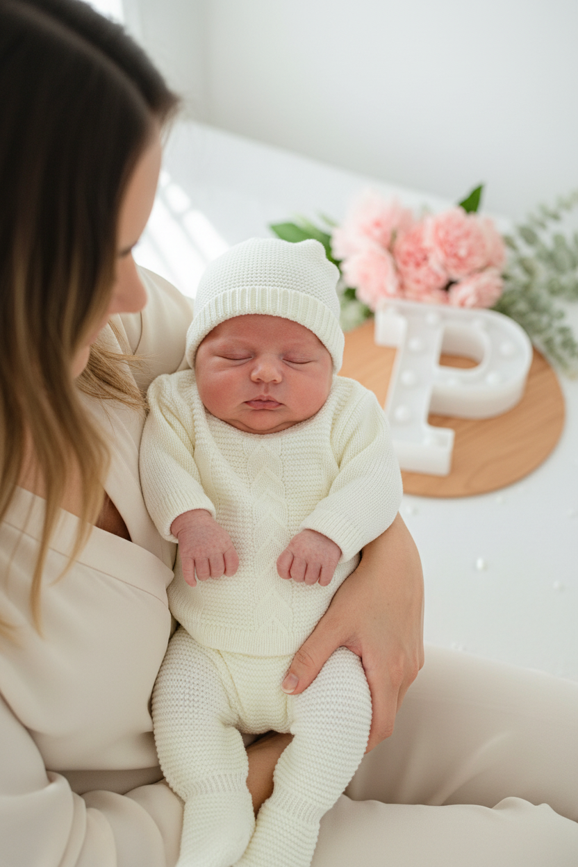 Conjunto tricot sonho : calças, camisola e gorro