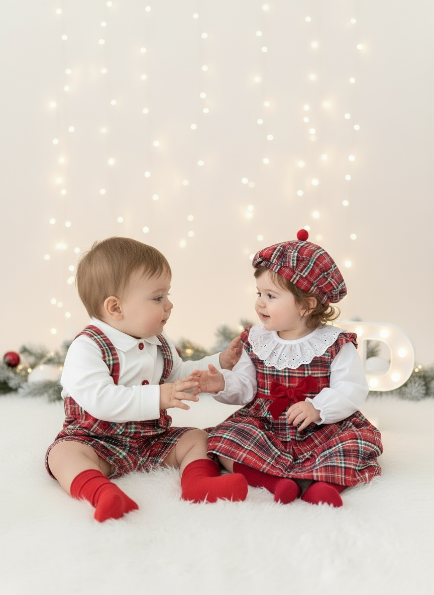 Conjunto menino xadrez vermelho e verde: Calções com alças e camisa