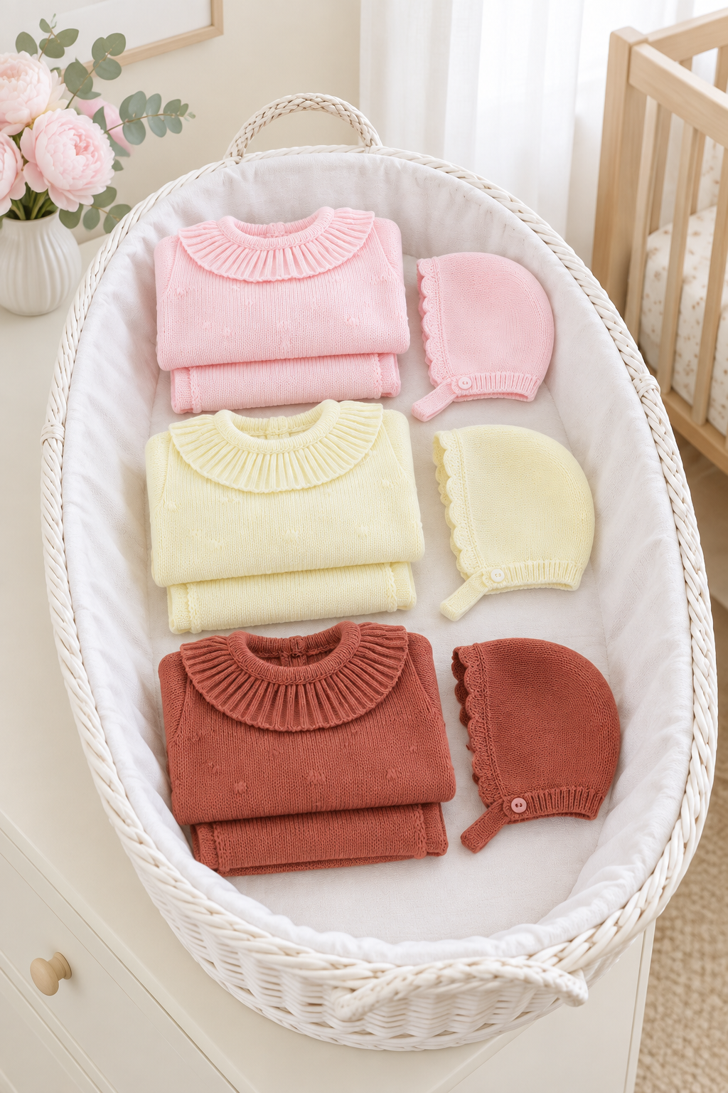 Conjunto doce ternura em tijolo : camisola , calças e touca
