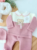 Conjunto malha ursinho: camisola, calças e gorro 0/3M