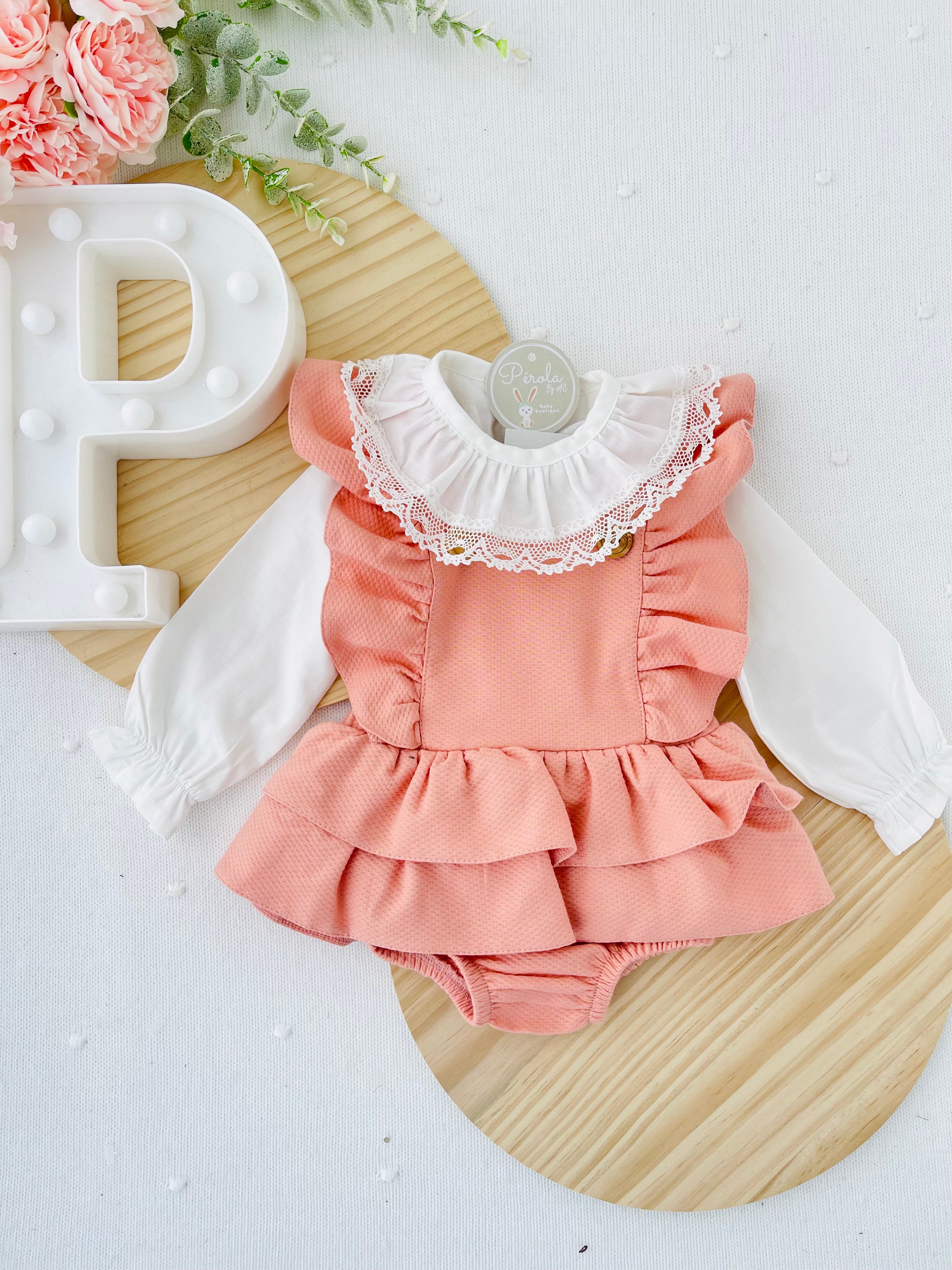 Conjunto folhinhos salmão : blusa manga comprida e fofo