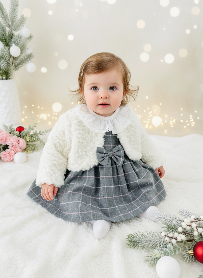 Conjunto elegante: casaco de pêlo, vestido e blusa