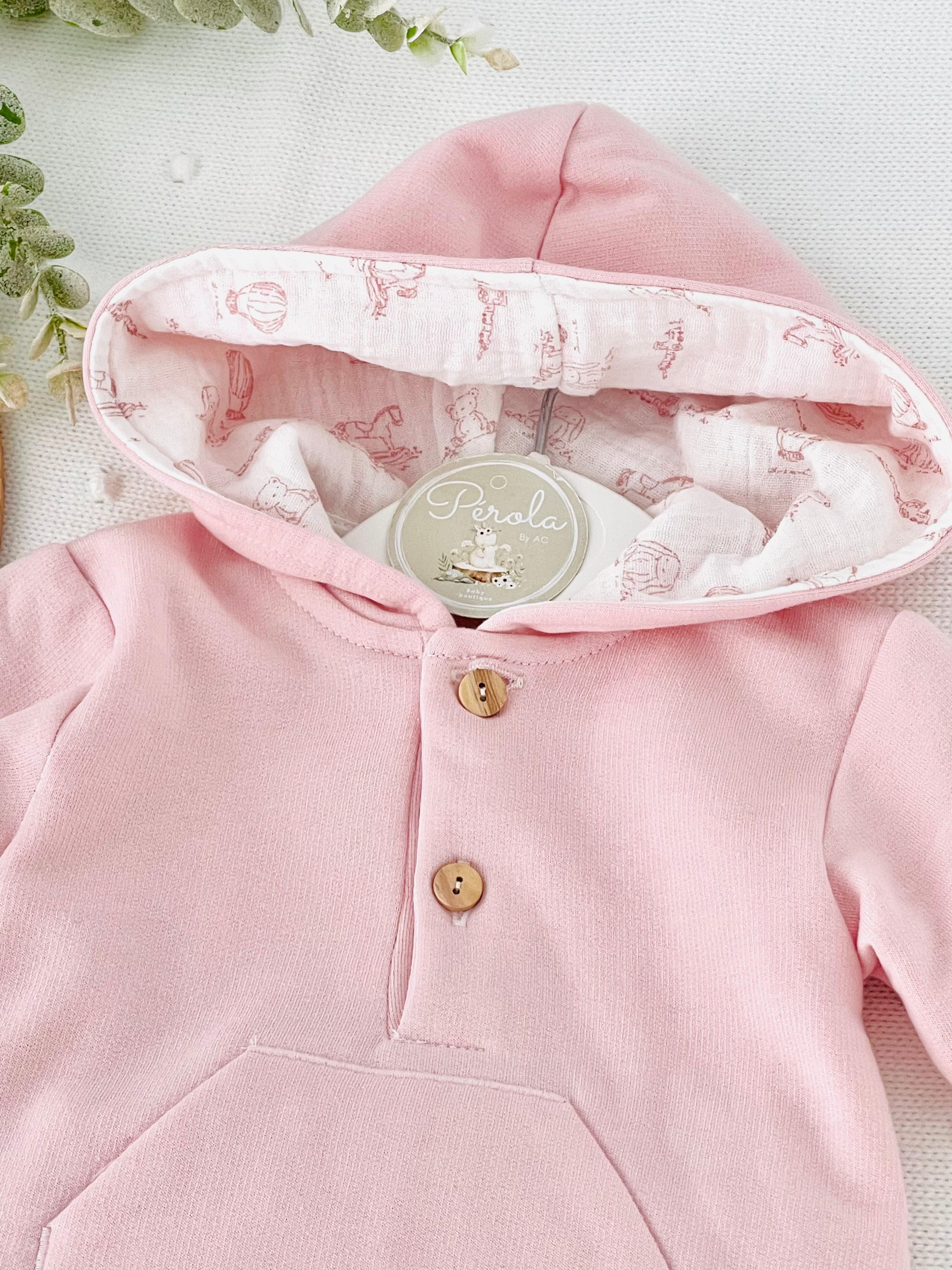 Fato de Treino Rosa com Capuz - Conjunto Cardado Quentinho (3-36m)