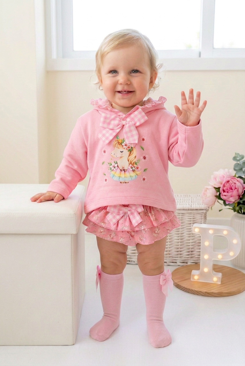Conjunto Unicórnio Encantado Rosa – Camisola com Capuz e Tapa-Fraldas 6-36M
