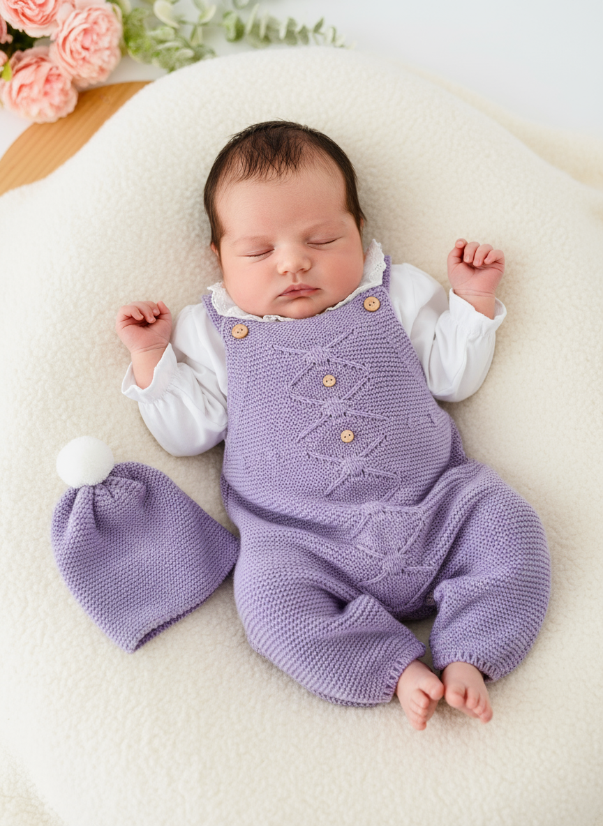 Saída de maternidade lilás: jardineiras, blusa e gorro Outono Inverno