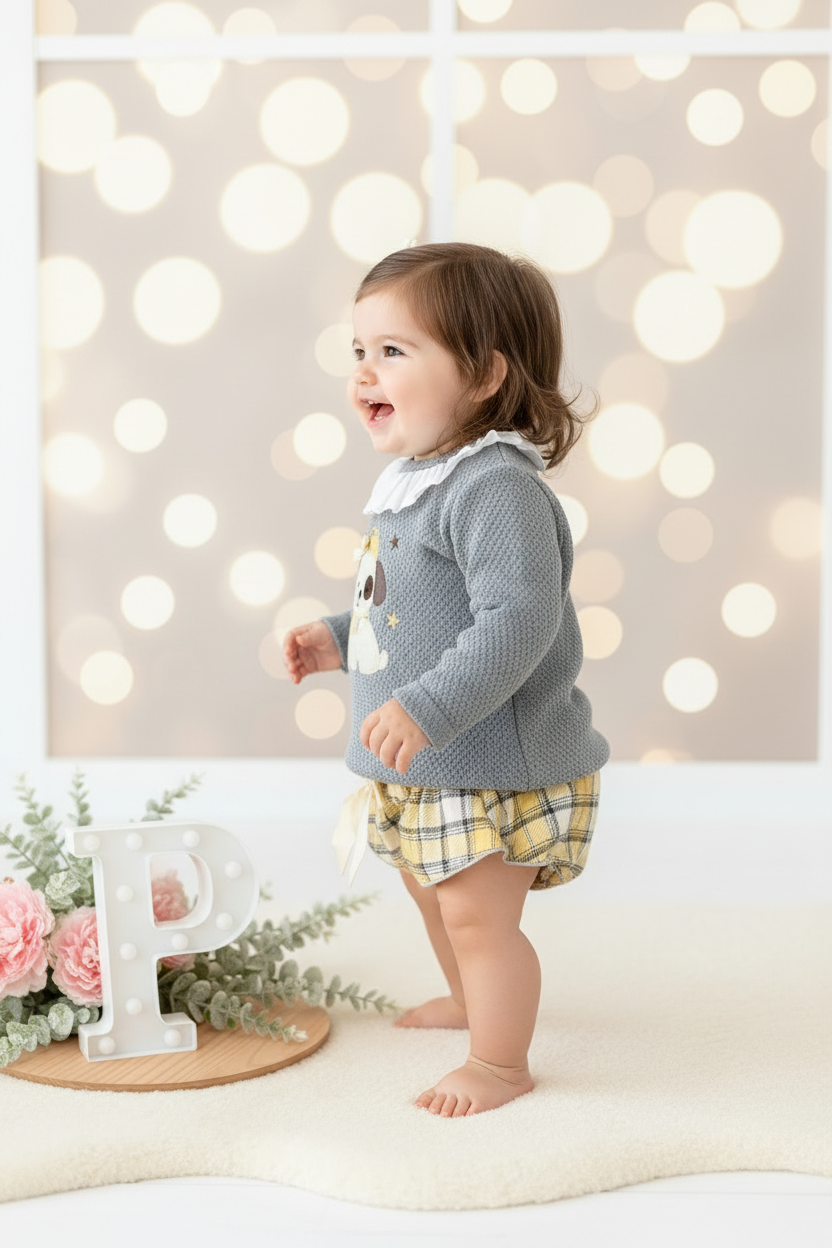 Conjunto cãozinho: camisola e saia com tapa fraldas