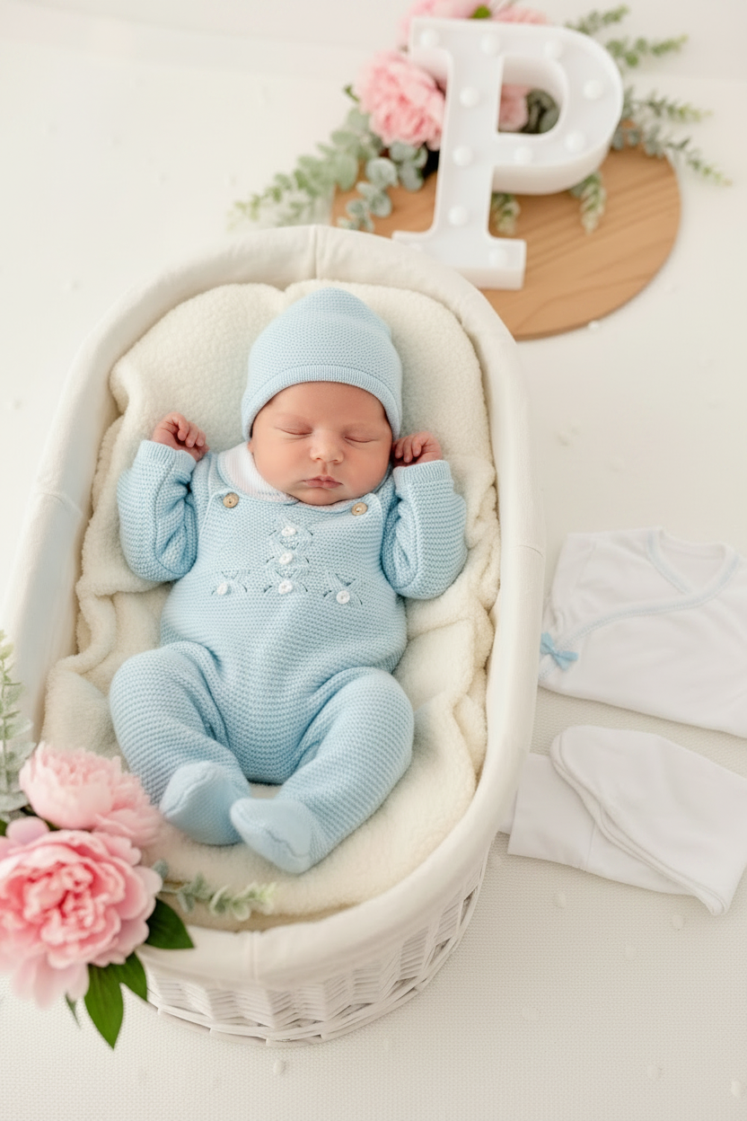 Pack saída de maternidade Azul 5 peças: body, calças, jardineiras, camisola e gorro