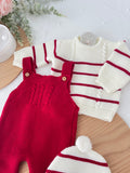 Conjunto riscas: camisola, jardineiras e gorro