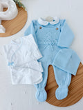 Pack saída de maternidade Azul 5 peças: body, calças, jardineiras, camisola e gorro
