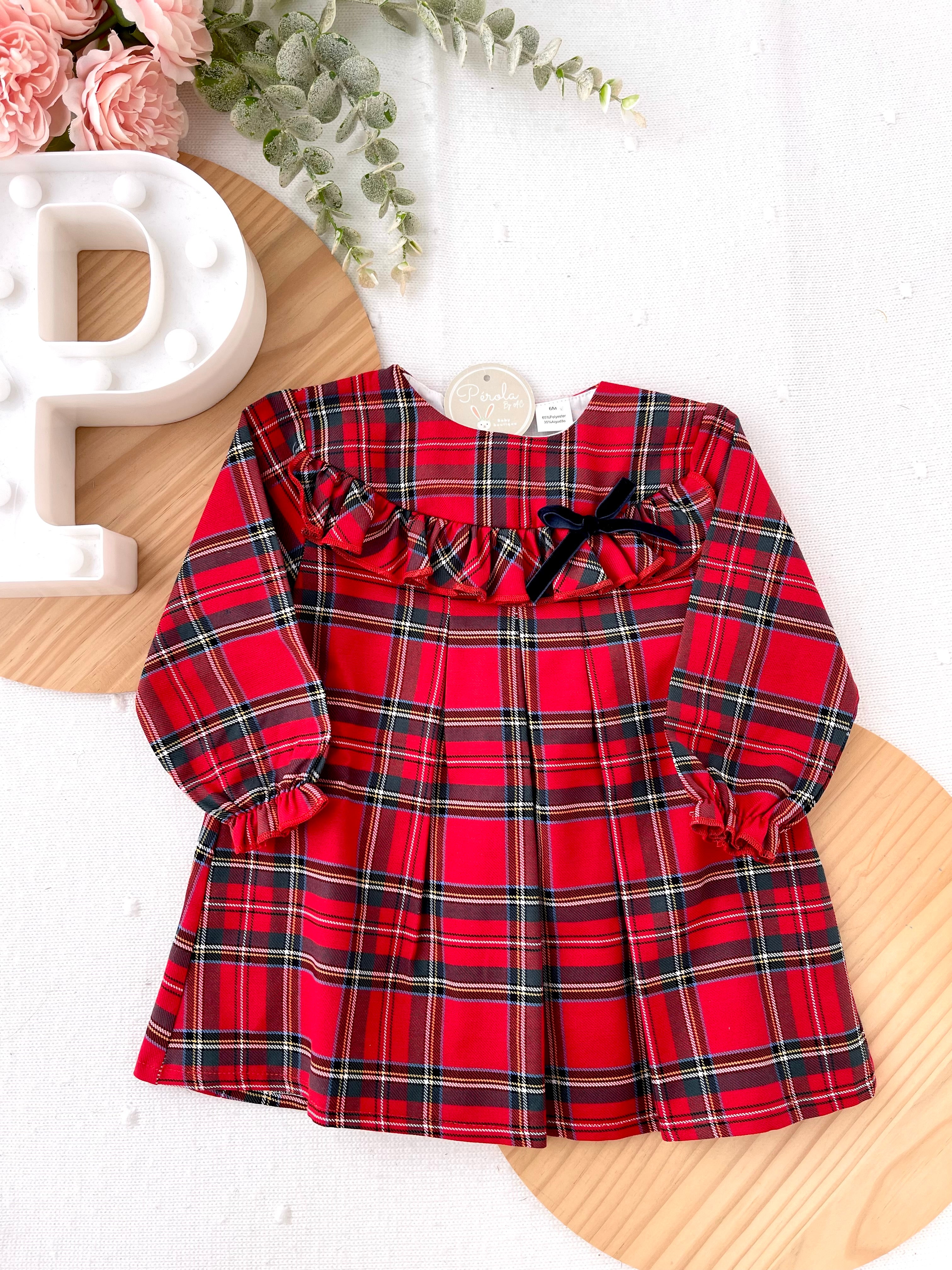 Vestido xadrez vermelho com laço azul veludo