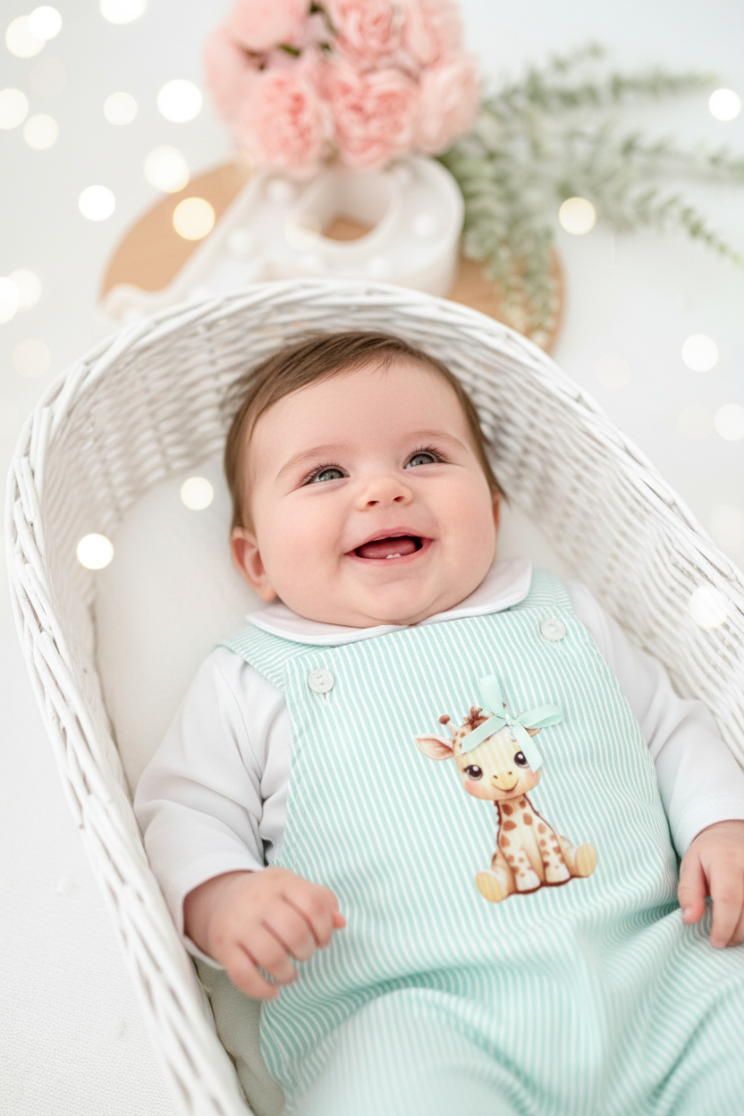 Conjunto girafa verde: Jardineiras e camisola 3-12M