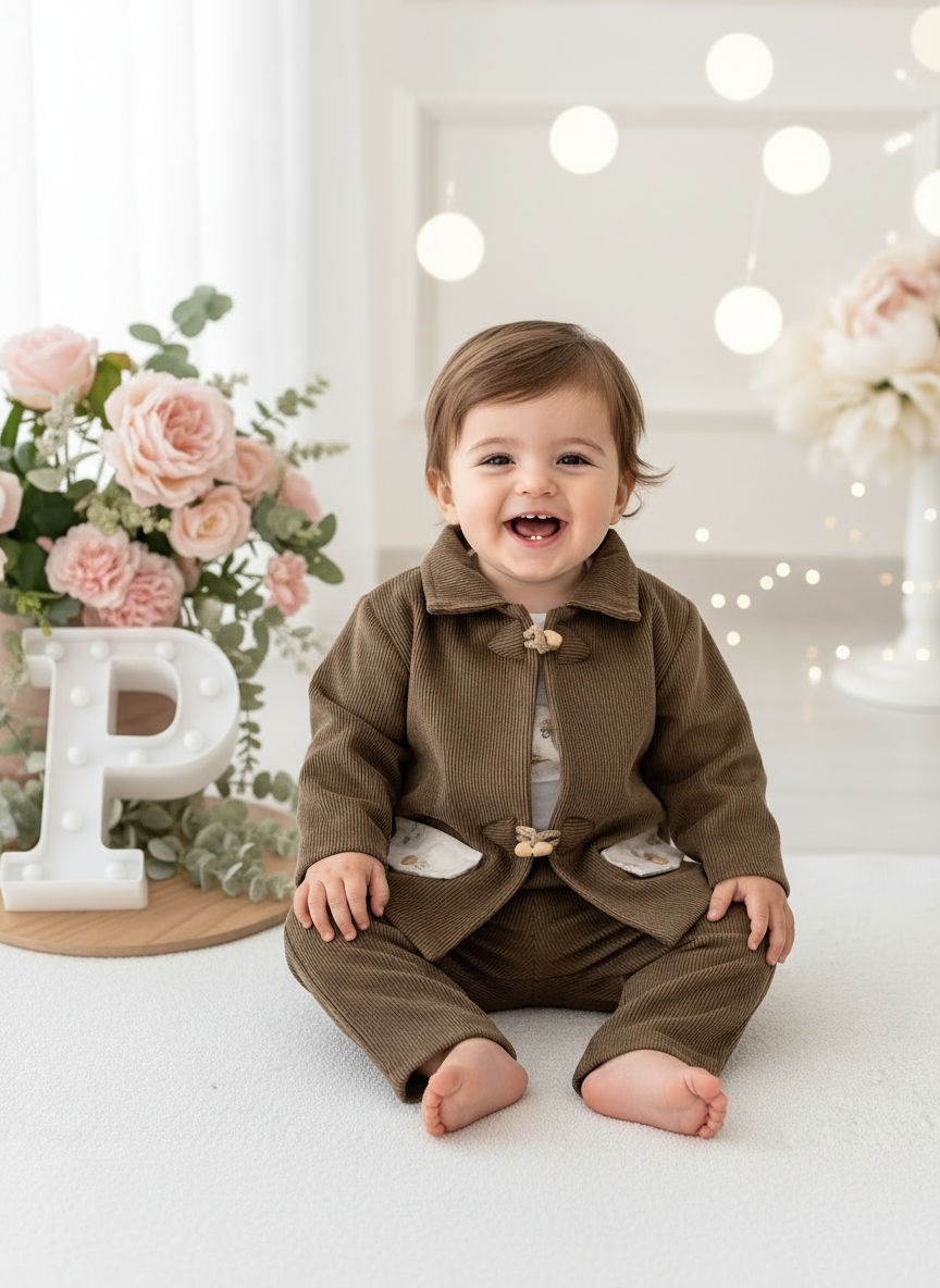 Conjunto menino bombazine 3 peças: casaco, calças e camisola