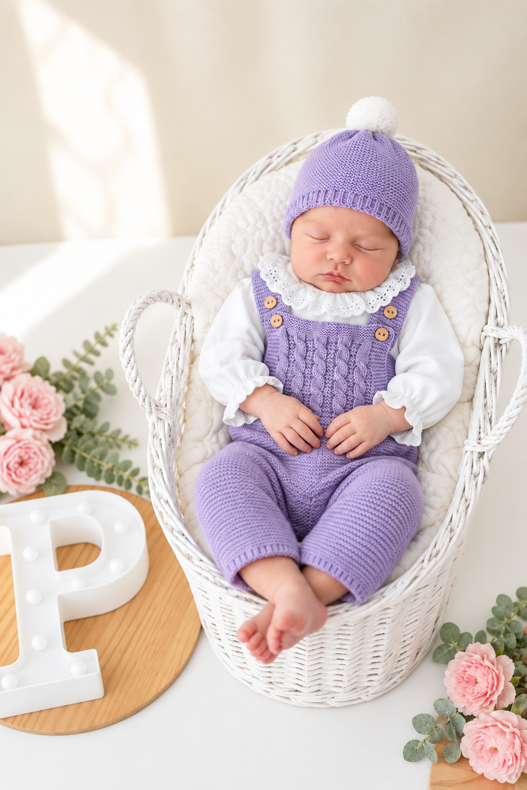 Saída de maternidade lilás: jardineiras, blusa e gorro Outono Inverno
