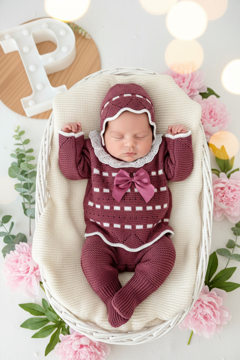 Conjunto princesinha de malha berinjela com bordado inglês