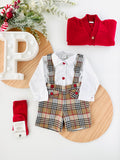 Conjunto menino xadrez estilo Burberry: Calções com alças e camisa