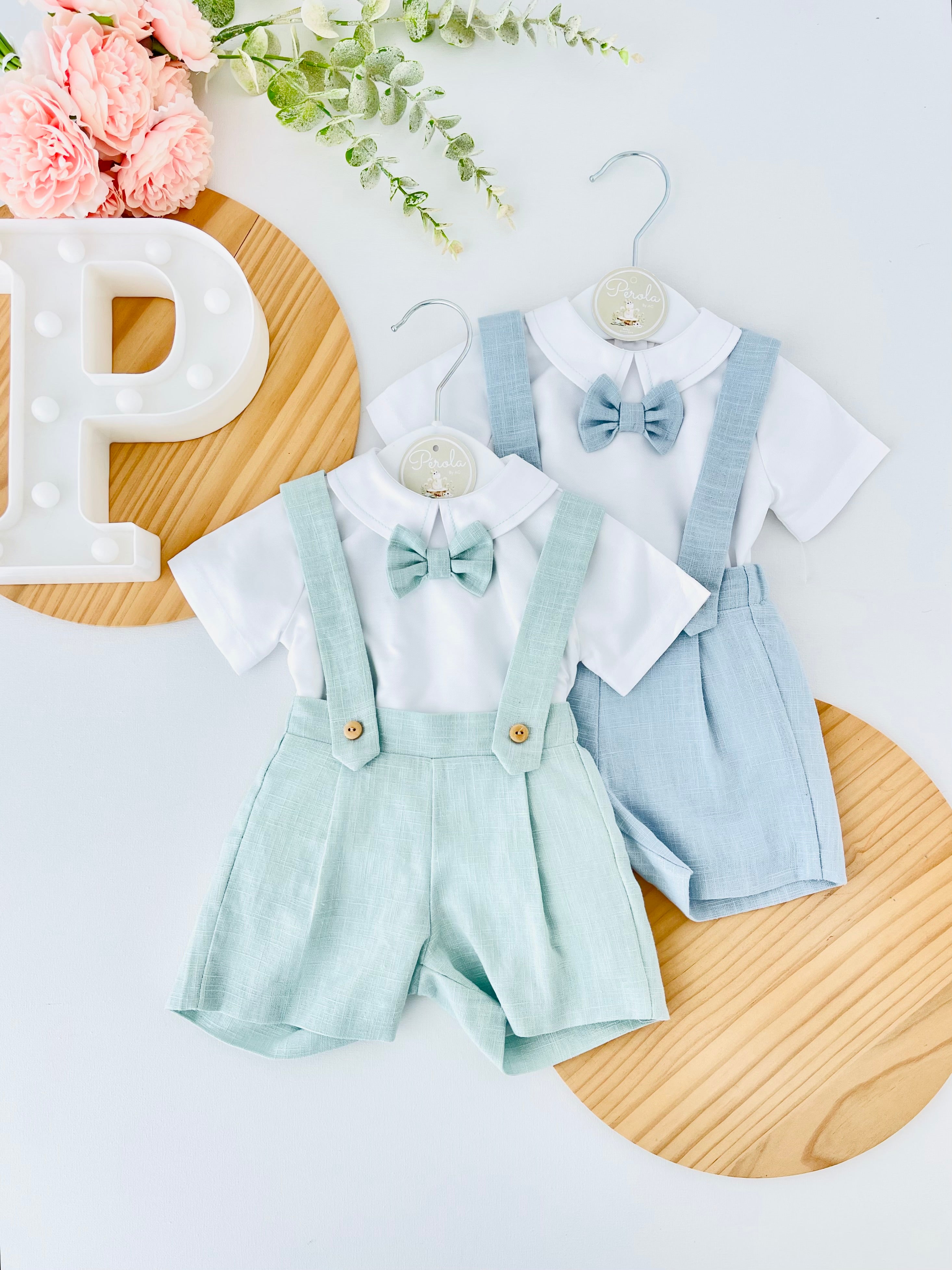 Conjunto cerimónia para menino: calções, camisa e laço