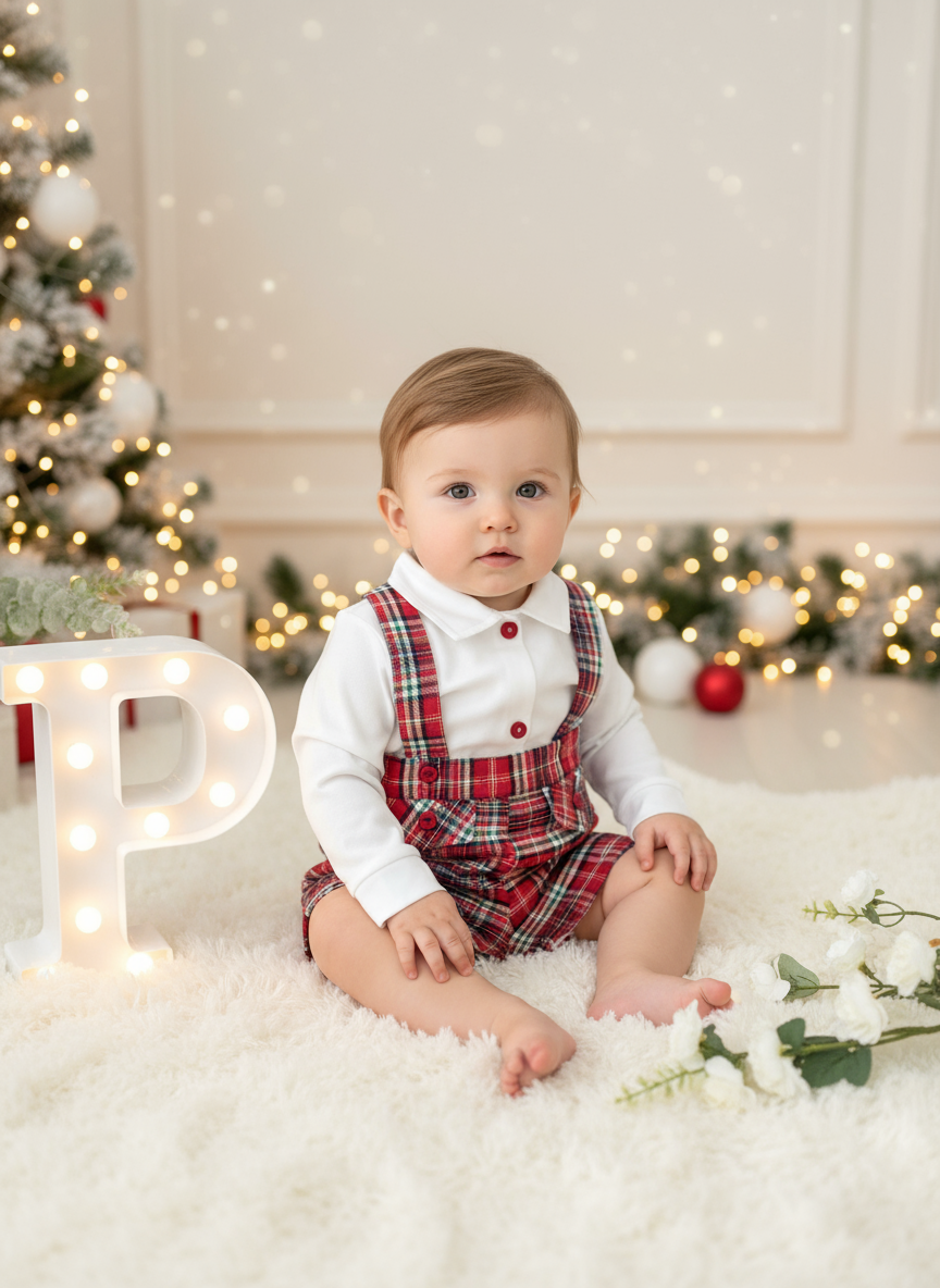 Conjunto menino xadrez vermelho e verde: Calções com alças e camisa