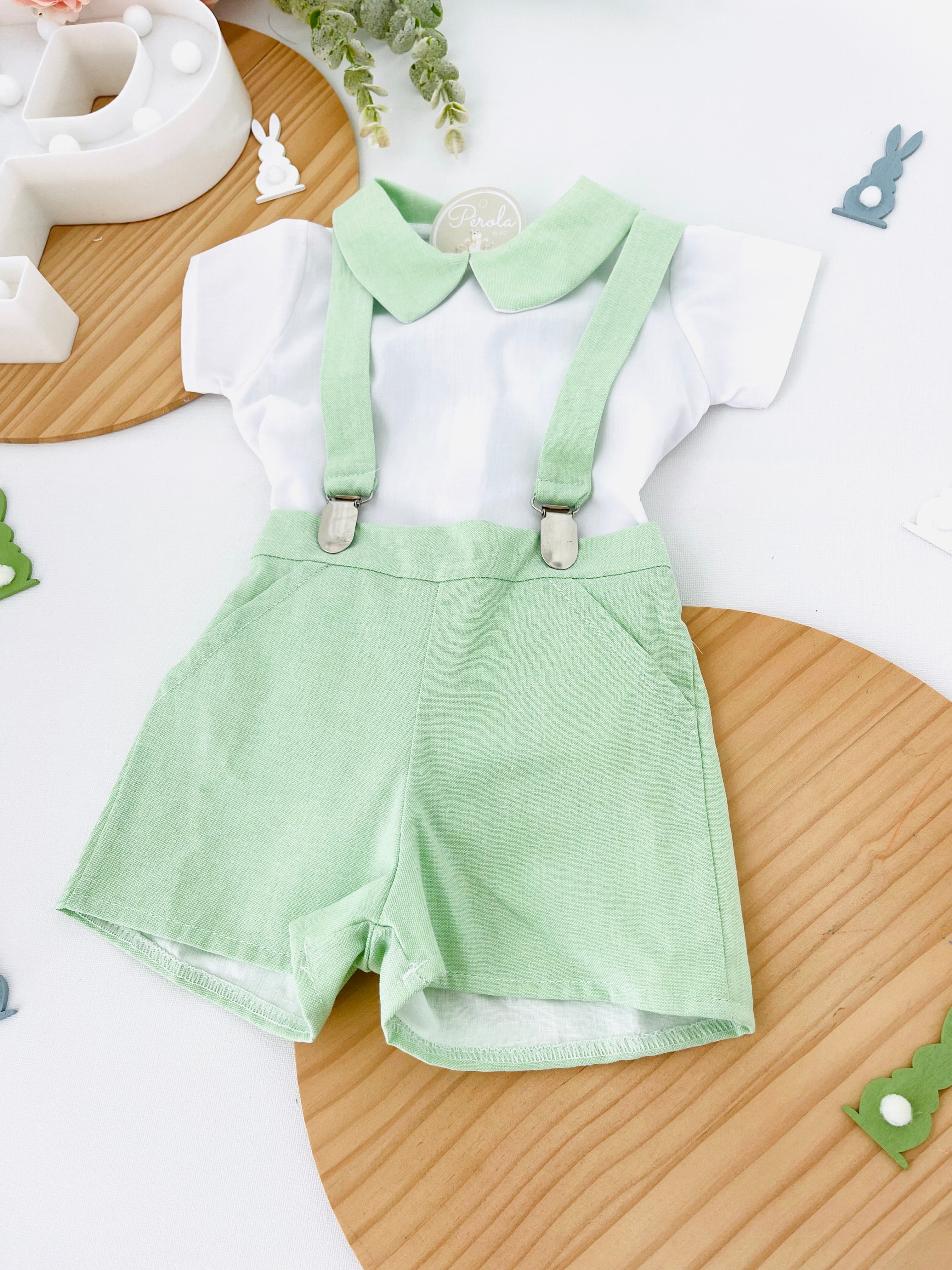 Conjunto Pequeno Príncipe: calções com suspensórios e camisa 3-12M