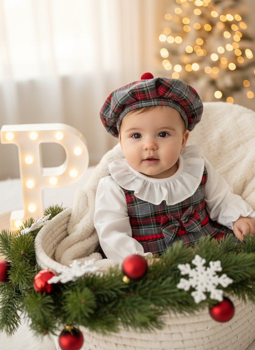 Conjunto Menina Tartan Vermelho e cinza - Vestido, Blusa e Bóina