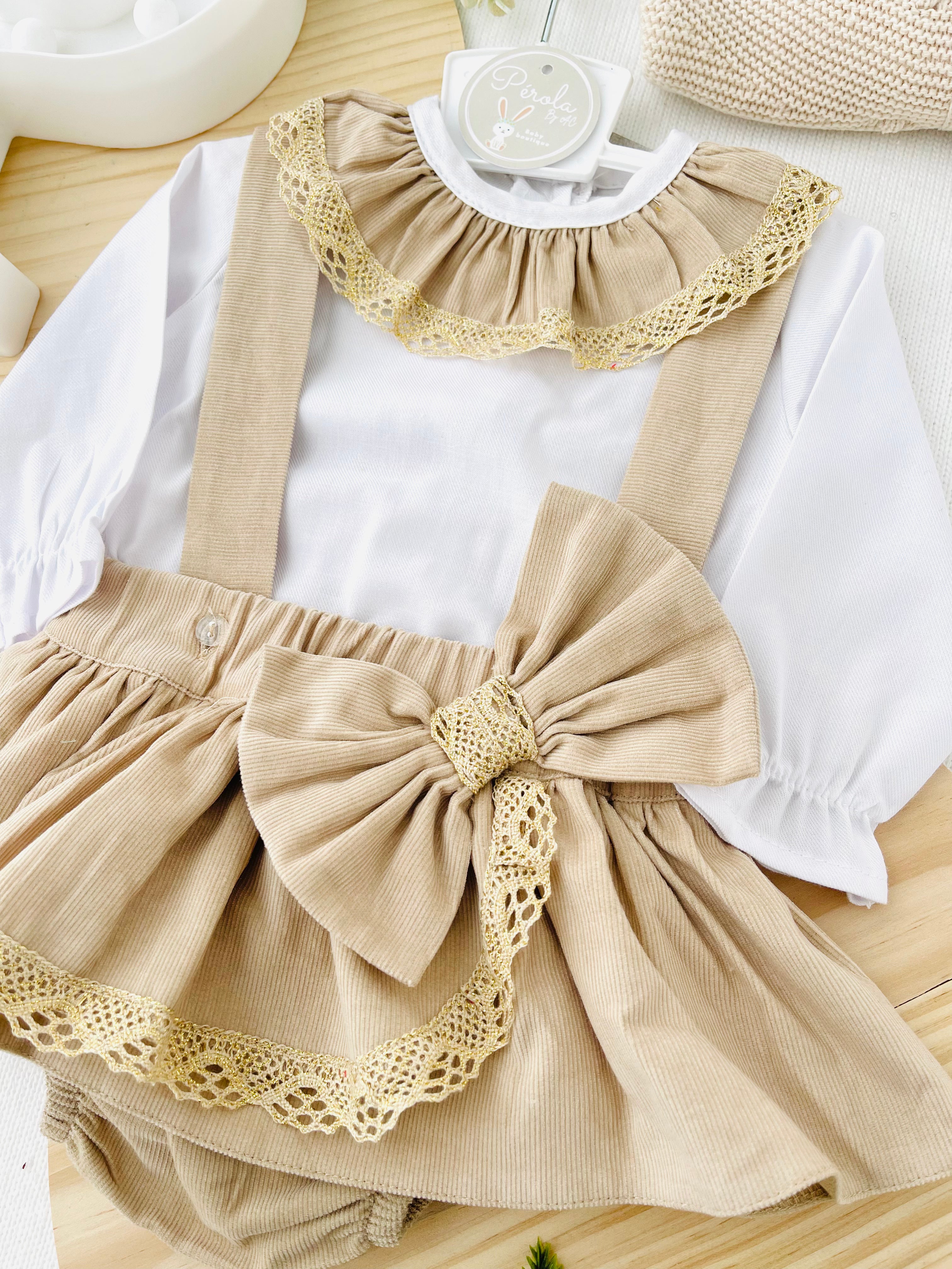 Conjunto renda dourada: blusa e saia com alças