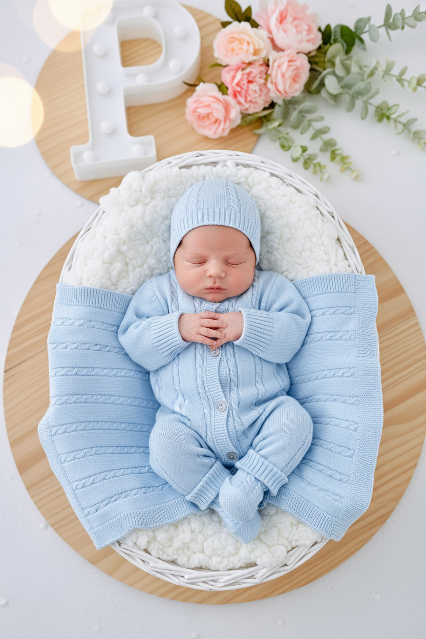 Baby Box AZUL- Pack Saída de maternidade 4 peças(manta, babygrow, gorro e carapins)