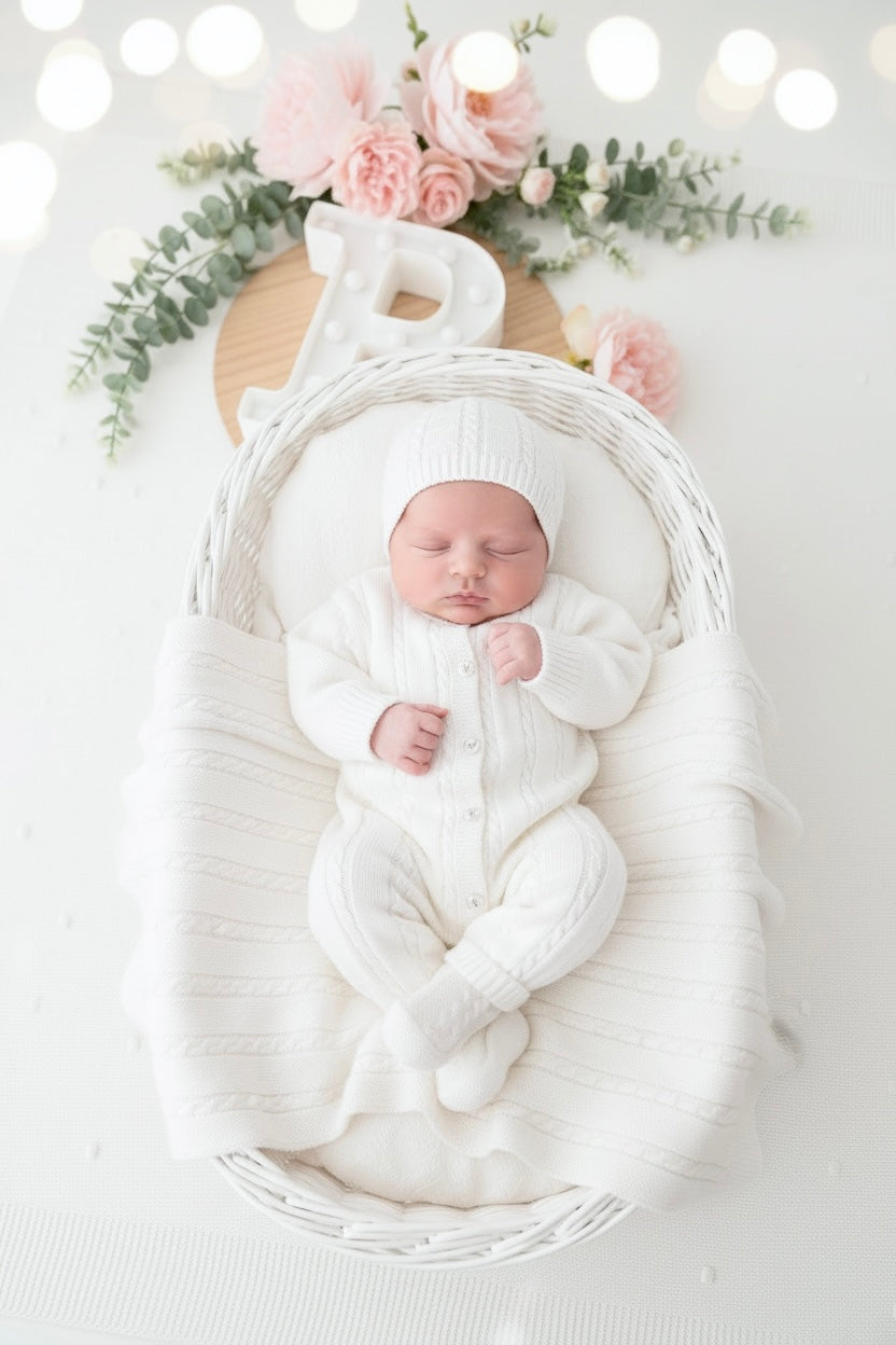 Baby Box BRANCO - Pack Saída de maternidade 4 peças(manta, babygrow, gorro e carapins)