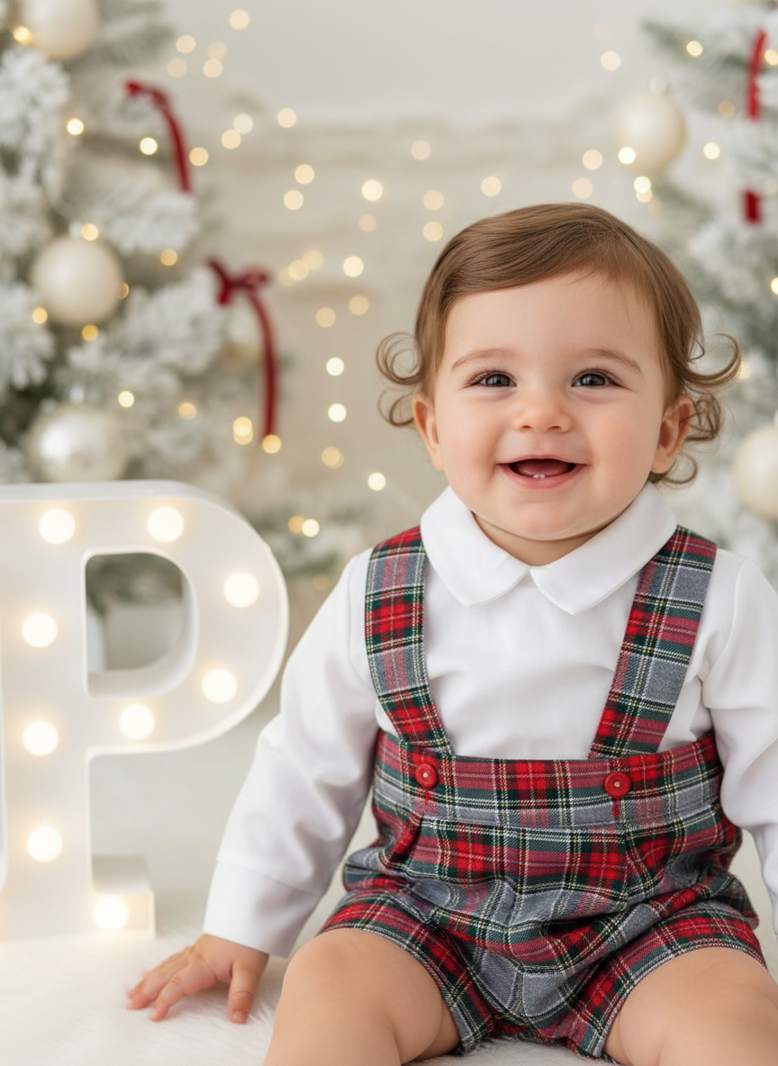 Conjunto menino xadrez cinzento e verde: Calções com alças e camisa