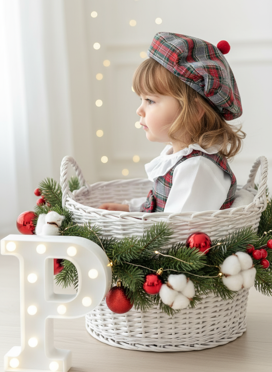 Conjunto Menina Tartan Vermelho e cinza - Vestido, Blusa e Bóina