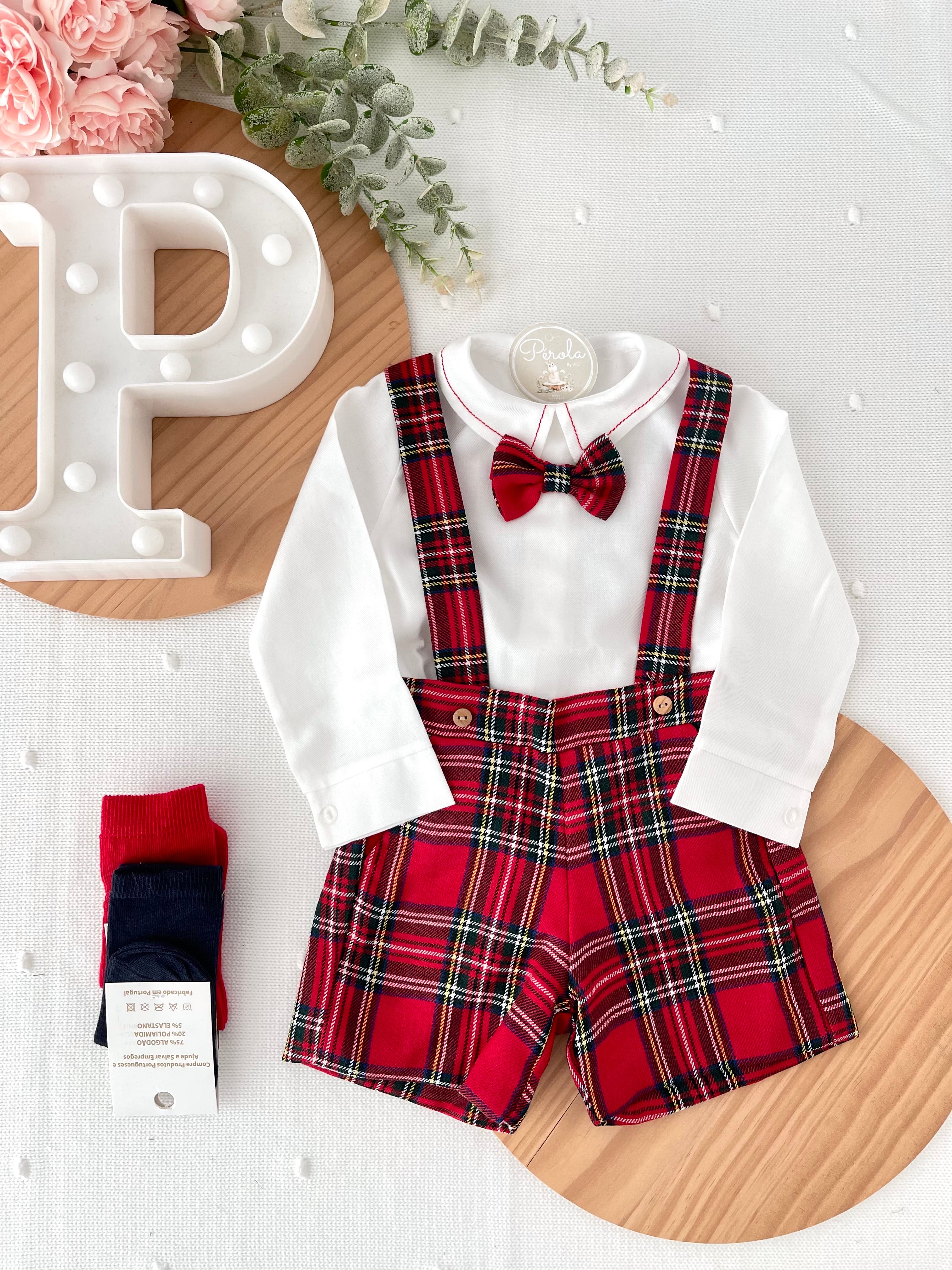 Conjunto xadrez vermelho menino Natal: calções, camisa em flanela e laço xadrez 2.0