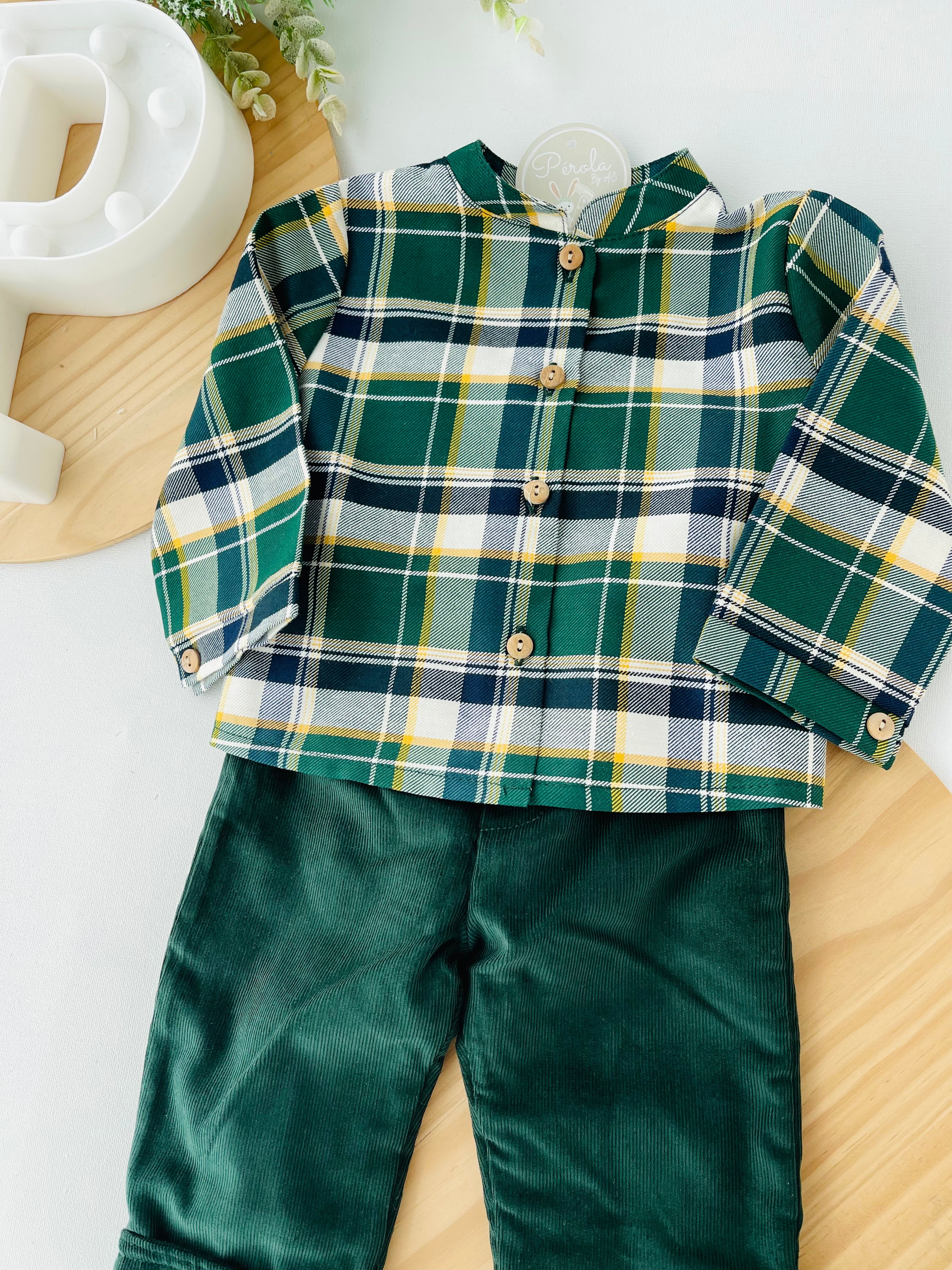 Conjunto xadrez: calças bombazine e camisa