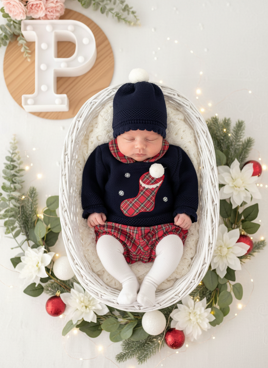 Conjunto Natal: camisola, calções e gorro pompom