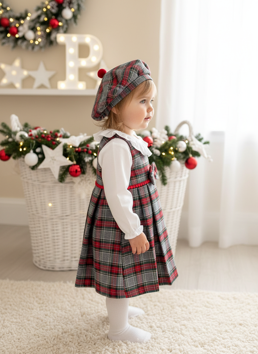Conjunto Menina Tartan Vermelho e cinza - Vestido, Blusa e Bóina