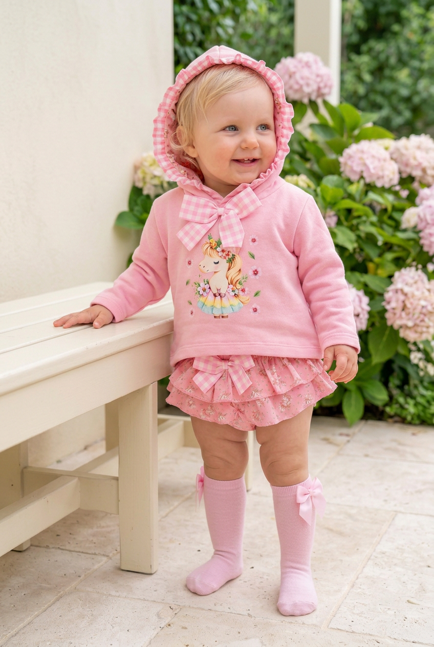 Conjunto Unicórnio Encantado Rosa – Camisola com Capuz e Tapa-Fraldas 6-36M