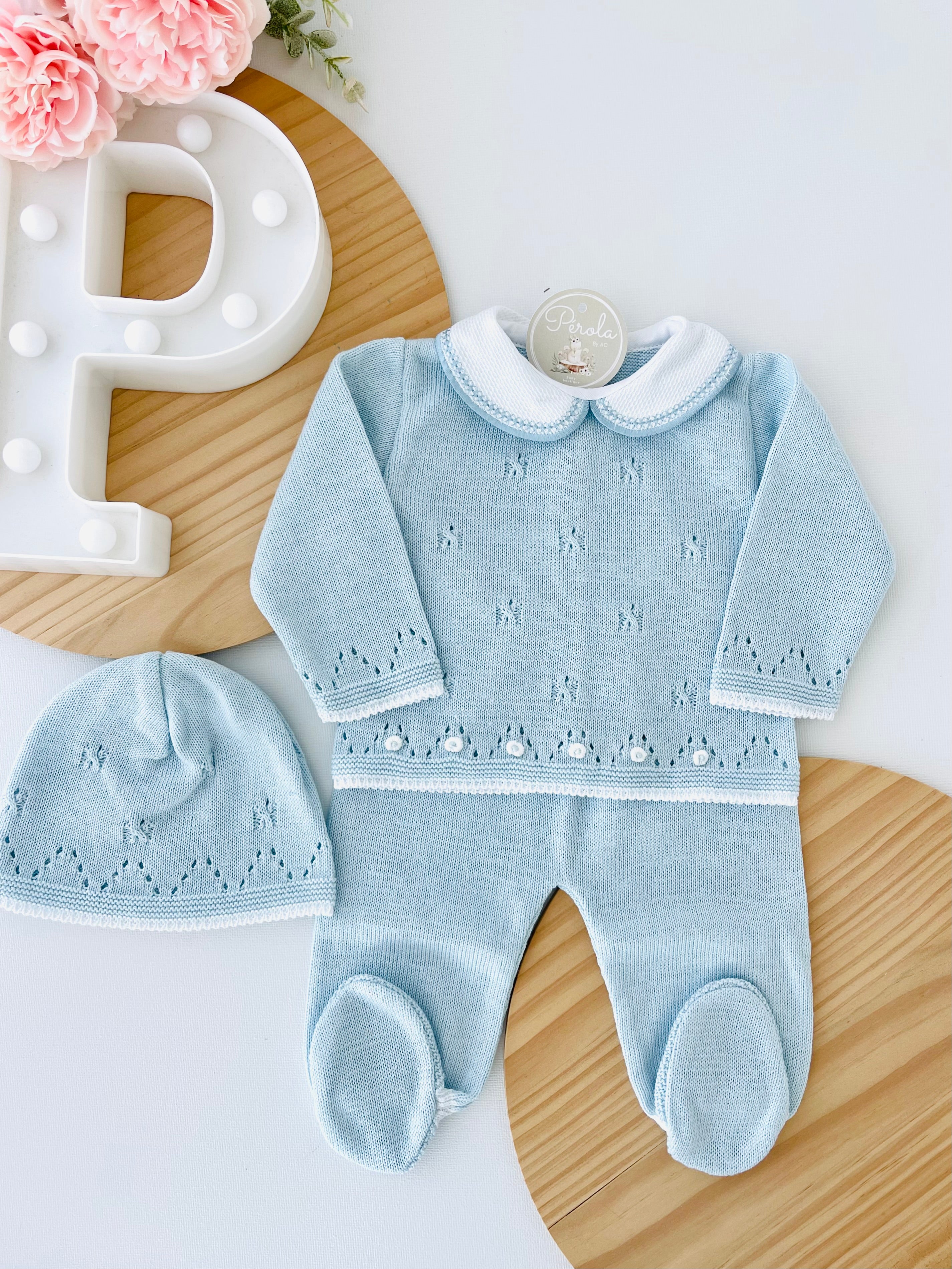 Conjunto malha 100% algodão: camisola, calças e gorro