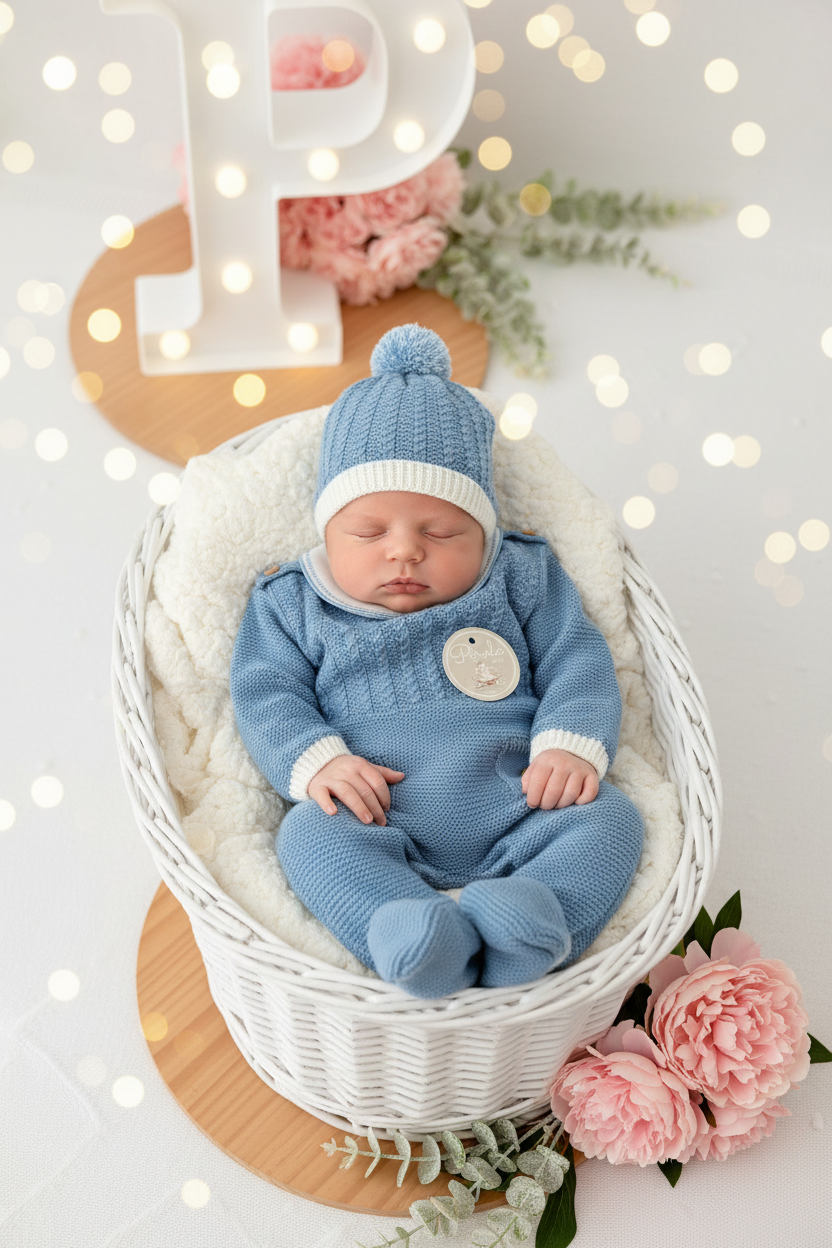 Saída de maternidade azul cobalto: jardineiras, camisola e gorro malha quentinha