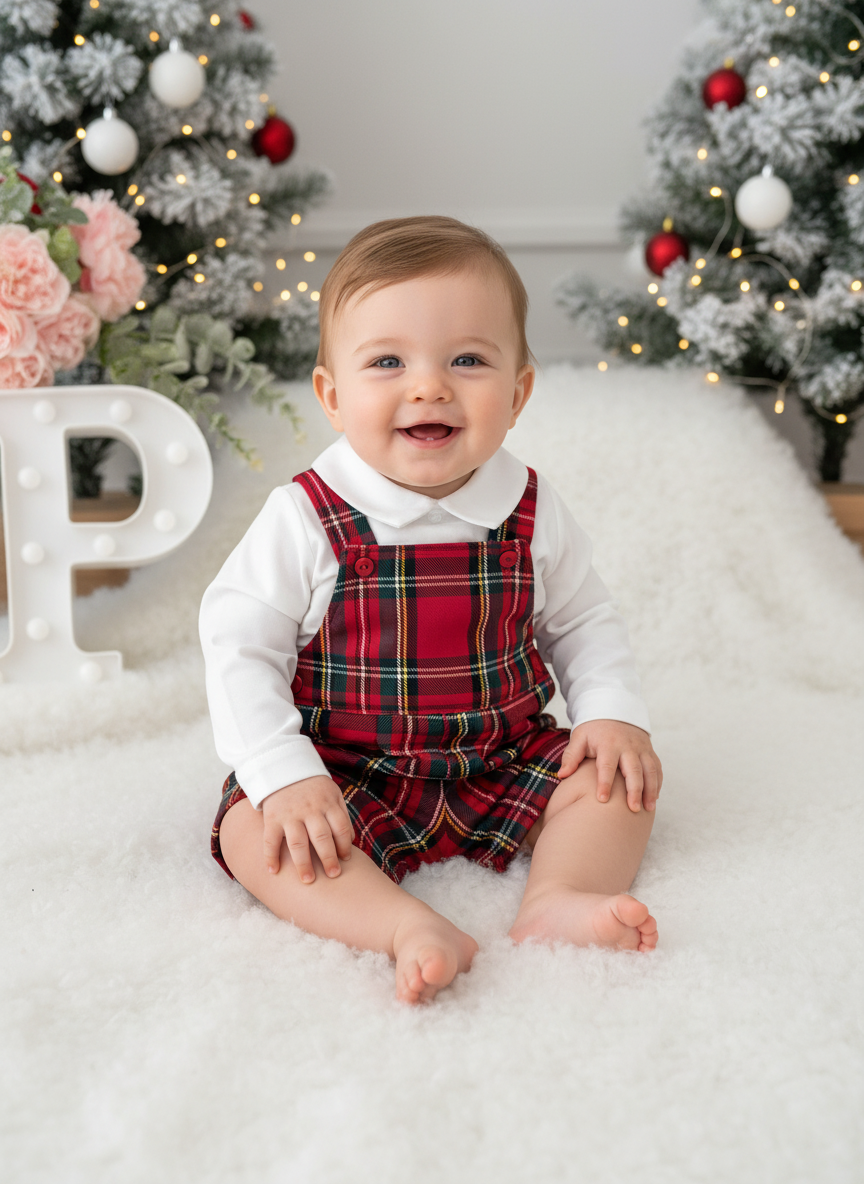 Conjunto Menino Tartan Vermelho e Preto - Jardineiras Calções e Camisa