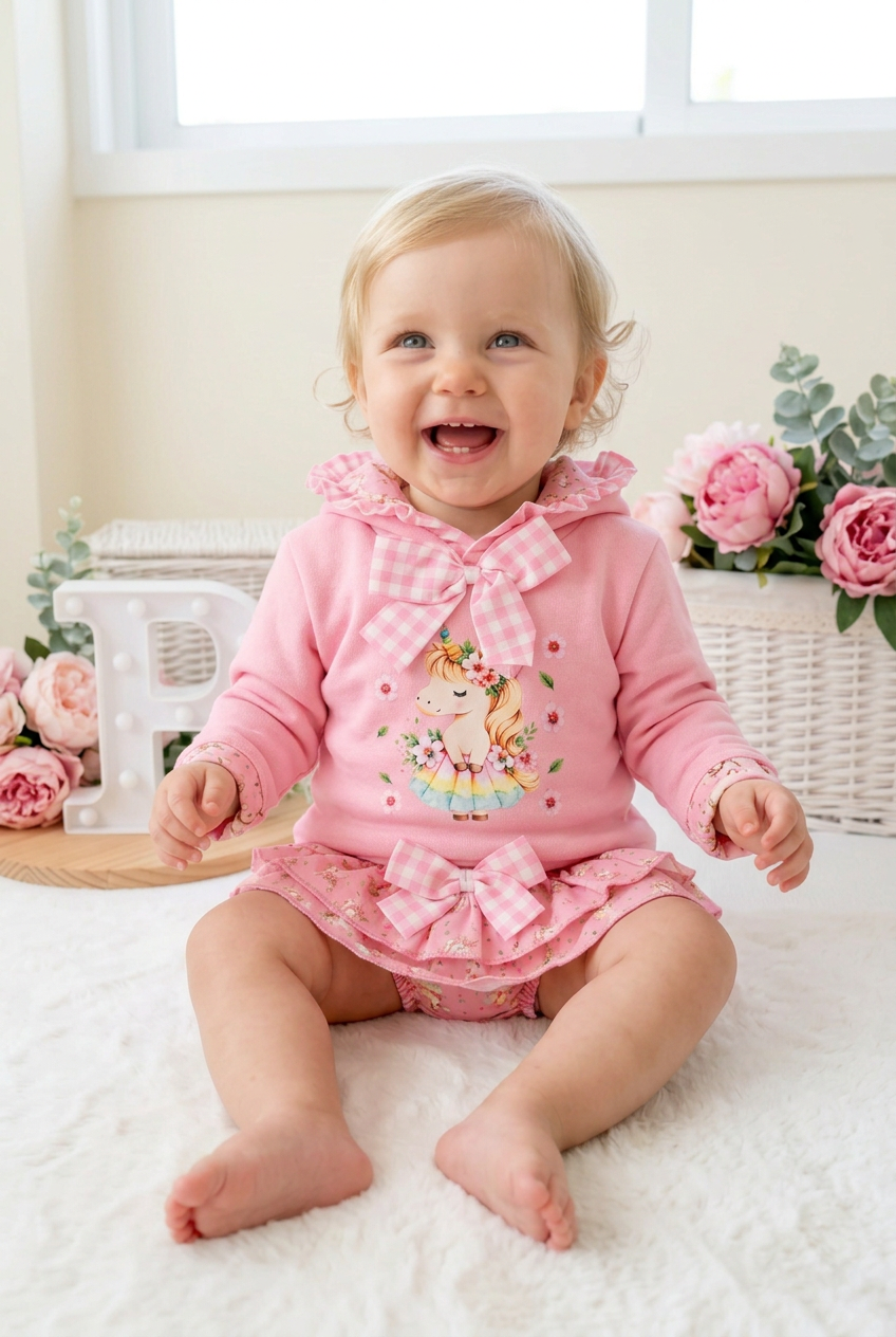 Conjunto Unicórnio Encantado Rosa – Camisola com Capuz e Tapa-Fraldas 6-36M