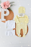 Pack saída de maternidade AMARELO 5 peças: body, calças, jardineiras, camisola e gorro