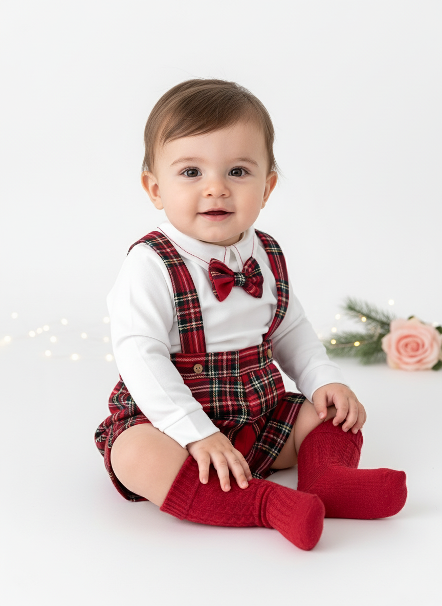 Conjunto xadrez vermelho menino Natal: calções, camisa em flanela e laço xadrez 2.0