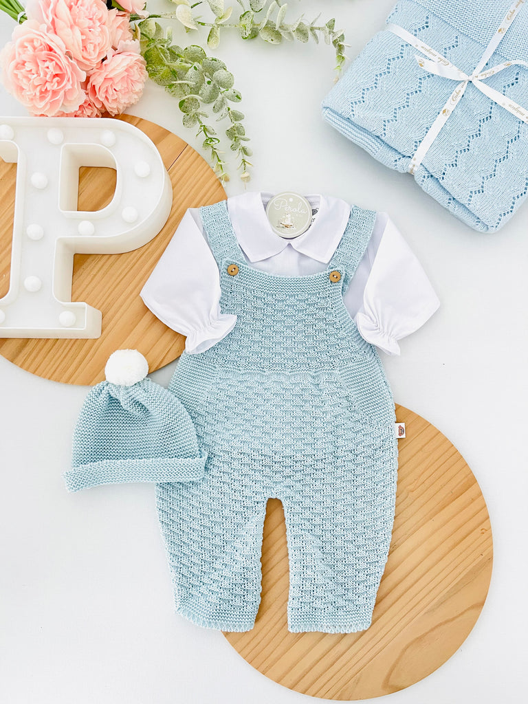 Saída de maternidade AZUL : jardineiras, camisa e gorro 100% algodão Primavera/Verão