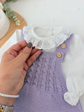 Saída de maternidade lilás: jardineiras, blusa e gorro Outono Inverno