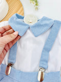 Conjunto cerimónia: calções com suspensórios e camisa de manga curta