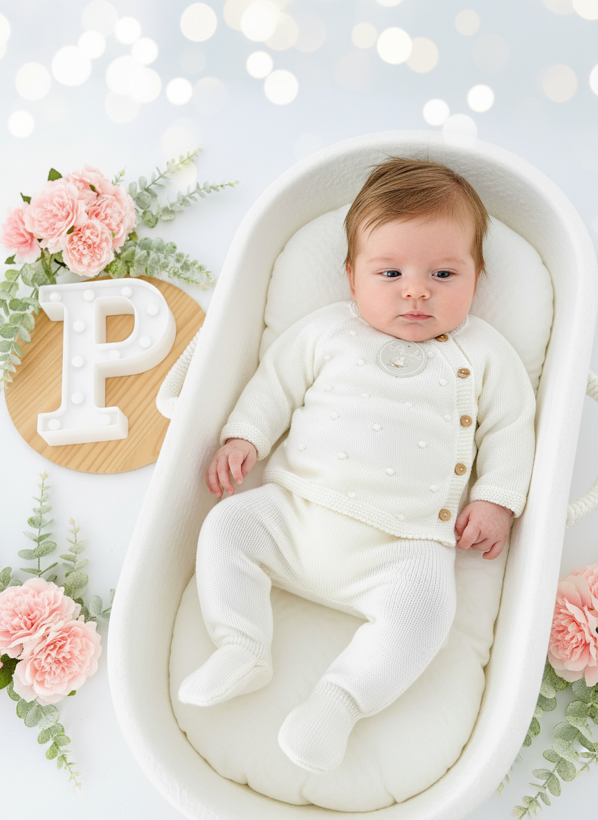 Conjunto unissexo pintinhas: camisola, calças e touca Outono/Inverno