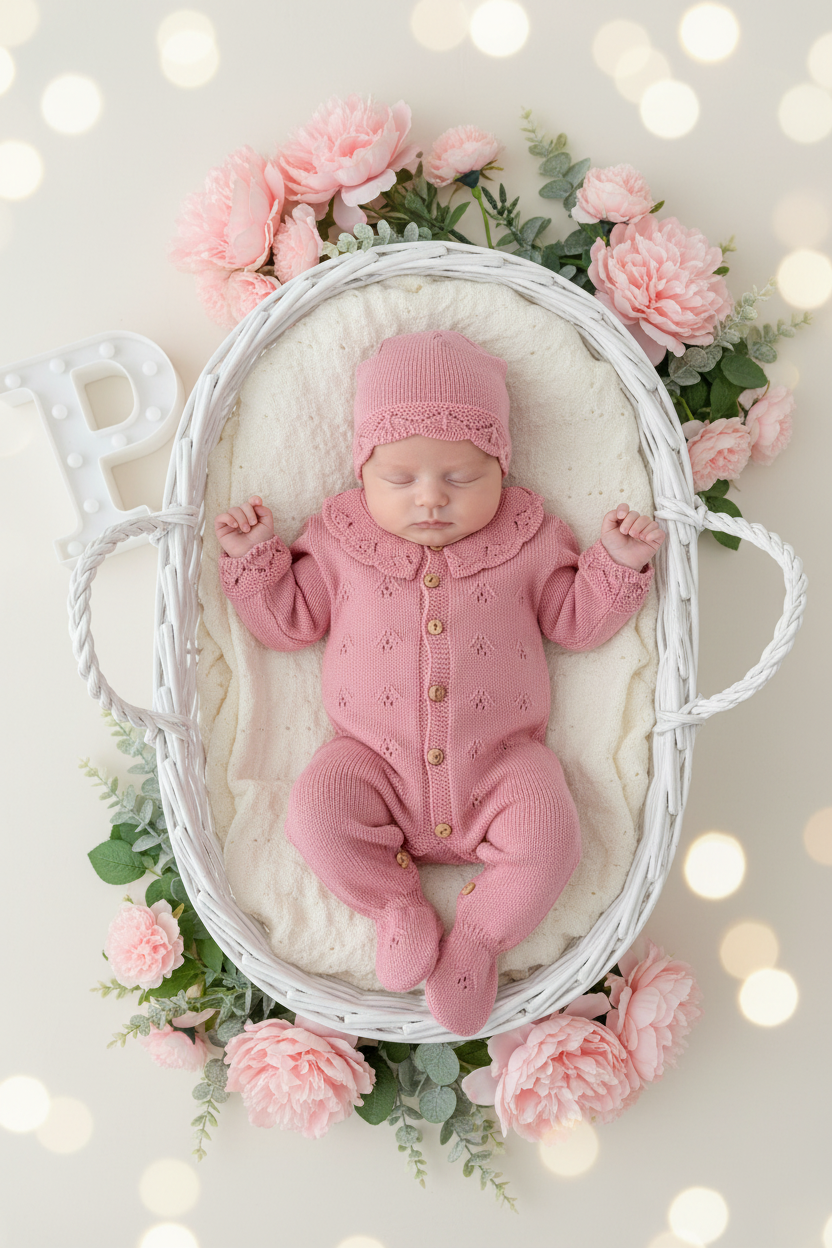 Conjunto Rosa Babygrow & Touca em Malha com Botões de Madeira