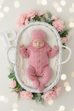 Conjunto Rosa Babygrow & Touca em Malha com Botões de Madeira
