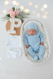 Pack saída de maternidade Azul 5 peças: body, calças, jardineiras, camisola e gorro