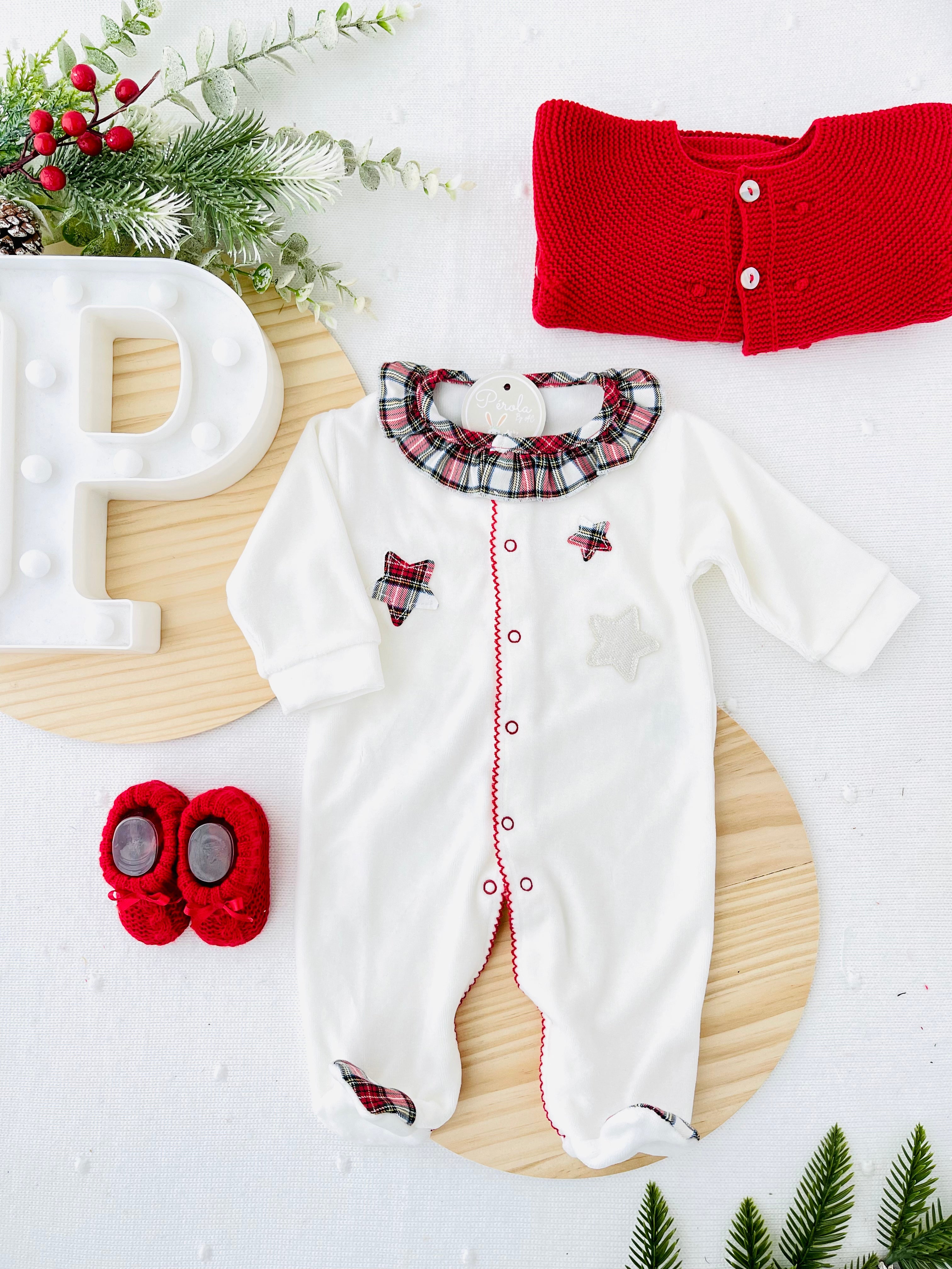 Babygrow Branco Estrelas GOLA REDONDA- xadrez Premium