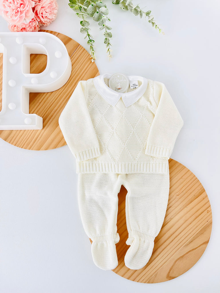 Conjunto losango: camisola com gola de camisa e calças